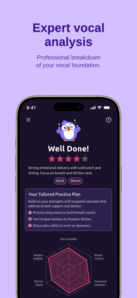 Vocaflow - Singing Coach - Vocaflow app interface showing expert vocal analysis with a performance report radar chart and a tailored practice plan