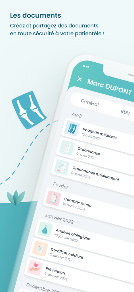 Maiia Pro - Interface of the Maiia Pro app showing a list of shared medical documents including prescriptions and imaging results for a patient.