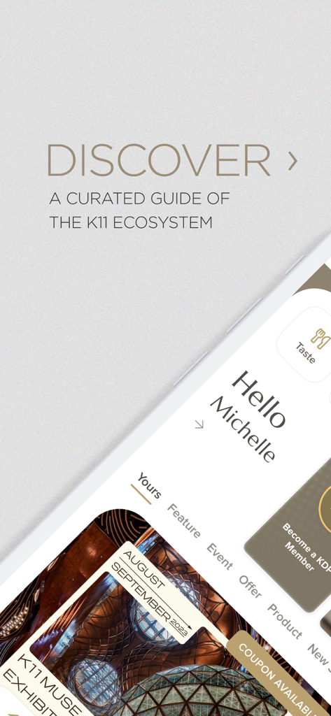 K11 HK - Die mobile App-Oberfläche von K11 HK, die einen kuratierten Leitfaden für das Kultur-Einzelhandels-Ökosystem von K11 mit Details zu Kunstausstellungen anzeigt.