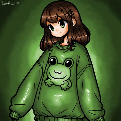 girl wearing frogging sweatshirt