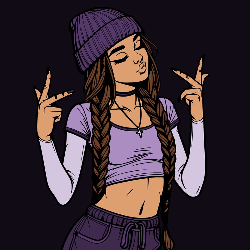 realistic teenage girl with braids and a beanie and crop top doing 🫶🏼