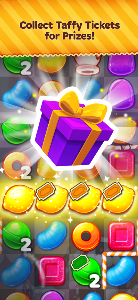 Match three puzzle gameplay in Candy Blast Mania showing a rewards event where players collect tickets for a gift box prize.