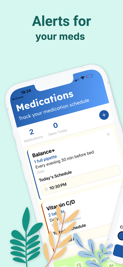 ADHD: Planner & Lifehacks - ADHDプランナーアプリ内の服薬トラッカーとアラートシステムを示す携帯電話画面