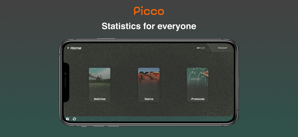 Picco: Performance & Scout - Picco App-Startbildschirm auf einem Mobilgerät mit Optionen für Spiele, Teams und Protokolle und dem Slogan Statistiken für alle.