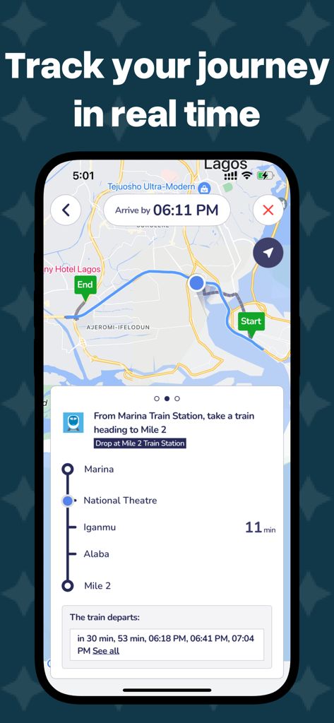 OrnaMap: Lagos Transport App - OrnaMap app interface showing real time journey tracking and train schedules in Lagos