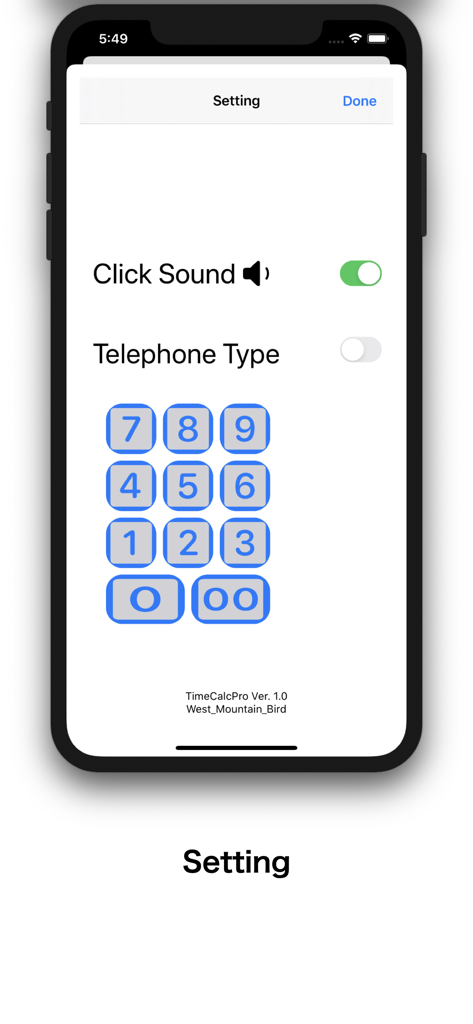 Time Calc. Pro - Time Calc Pro settings screen showing click sound and telephone keypad layout options