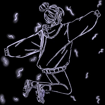 realistic girl jumping with a bun and oversized sweatshirt