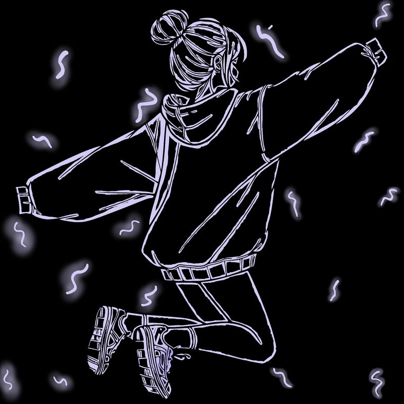 realistic girl jumping with a bun and oversized sweatshirt