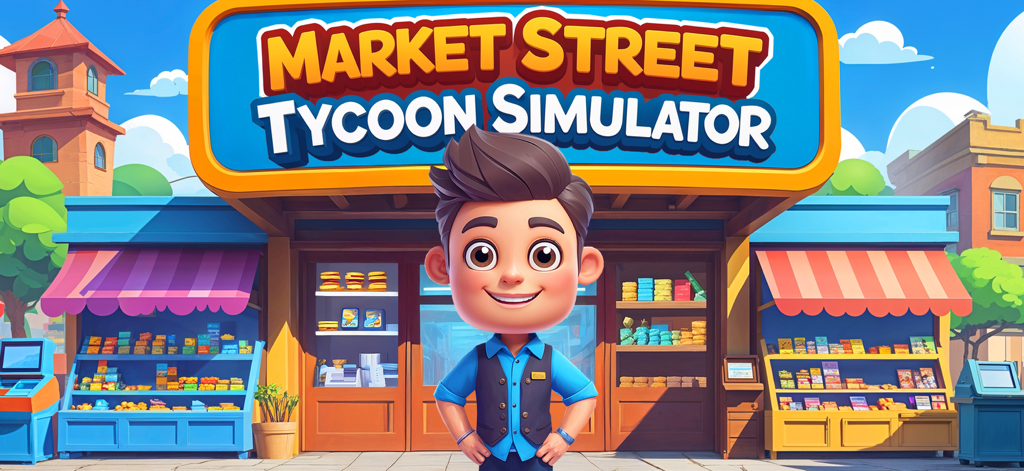 Market Street Tycoon Simulator - Banner del juego Market Street Tycoon Simulator con un personaje gerente de tienda frente a tiendas minoristas