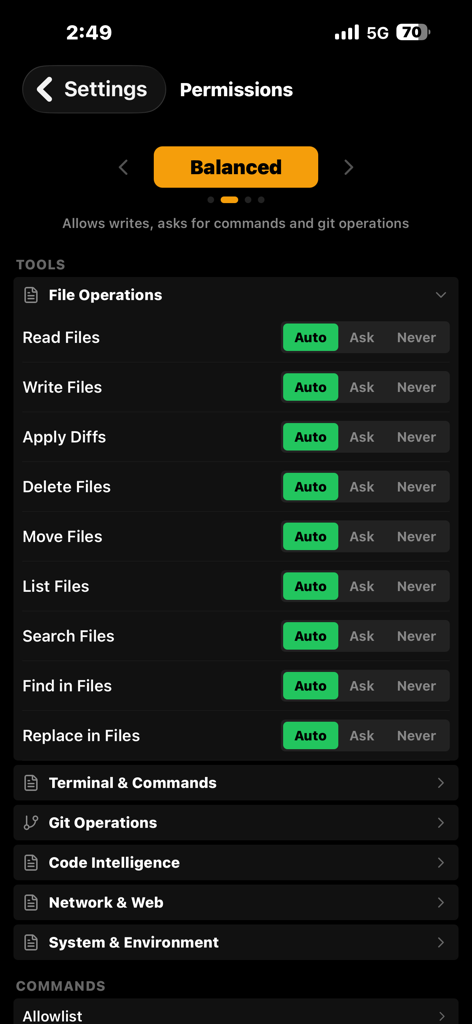 Sifr IDE - Sifr IDE mobile app permissions interface showing the balanced mode selection and granular controls for AI file operations like reading and writing files