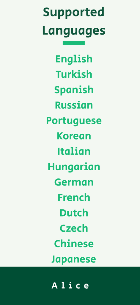 Alice: AI Note - Mind Map - List of supported languages for the Alice AI Note and Mind Map app