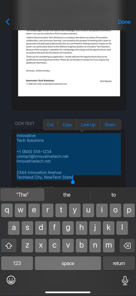 PDF Scanner Pro ⊟ - Interface de l'application Scanner PDF Pro montrant l'extraction de texte OCR d'un document commercial numérisé