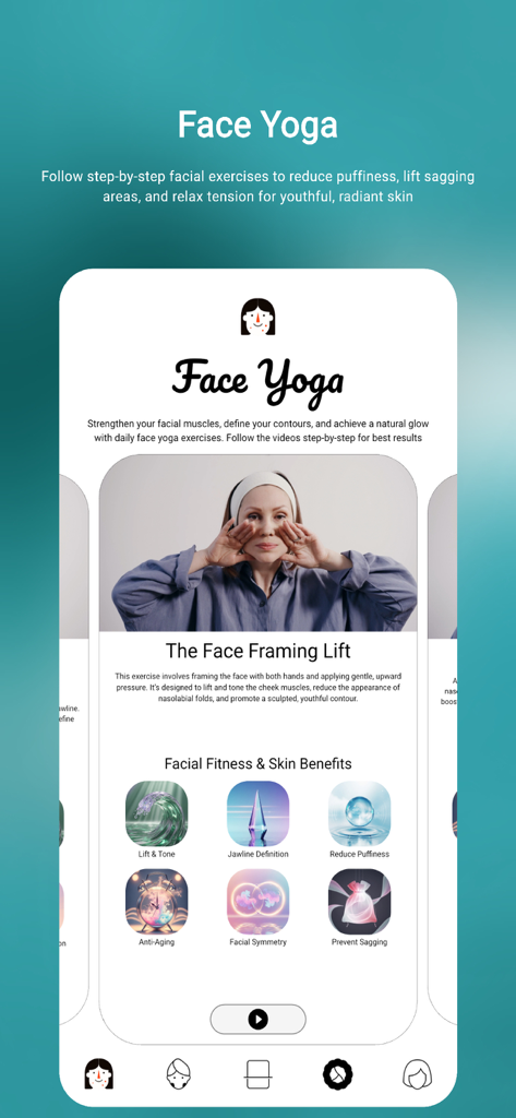 Acnetic: Daily Acne Care - A mobile app screen for Acnetic featuring face yoga exercises and facial fitness benefits.