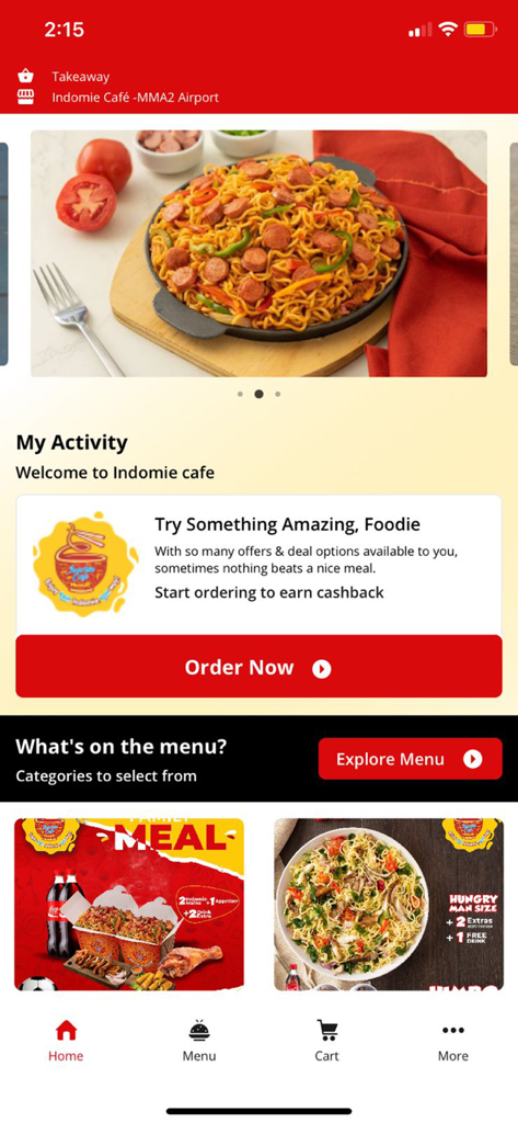 Indomie Cafe - Indomie Cafe mobile app home screen showing fusion noodle dishes and ordering options