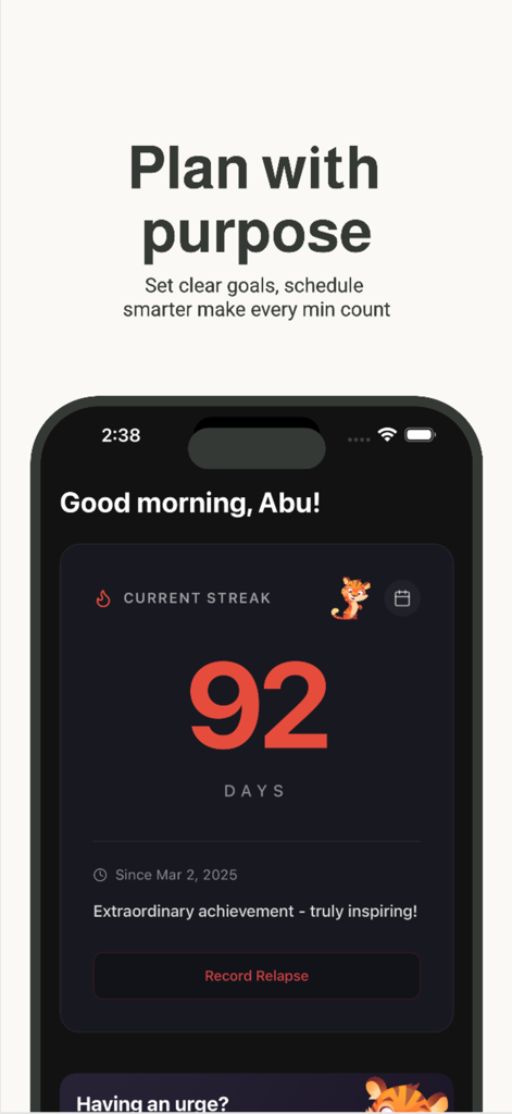 Pledge AI: Quit Porn & NoFap - Pledge AI mobile app dashboard showing a 92 day current streak with a tiger mascot and goal planning text