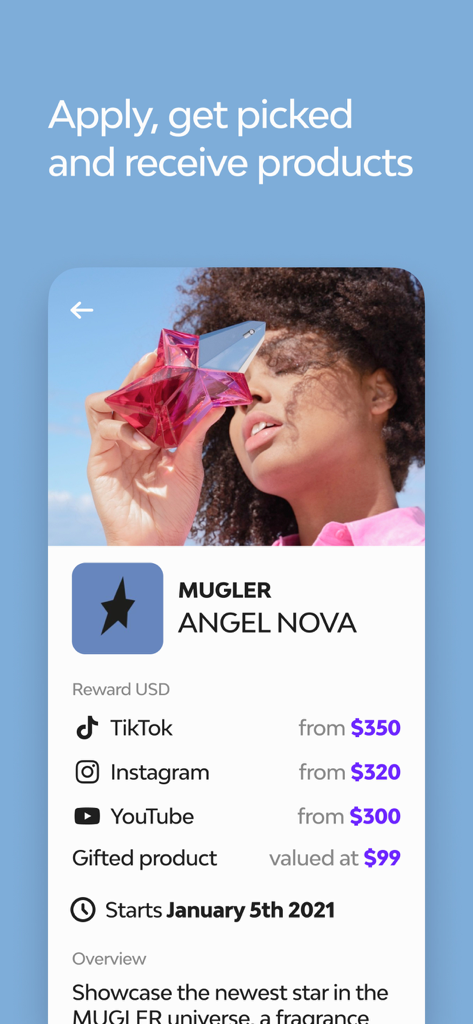 Vamp - Vamp app screen showing a creator campaign brief for Mugler Angel Nova with payment rates for TikTok, Instagram, and YouTube.
