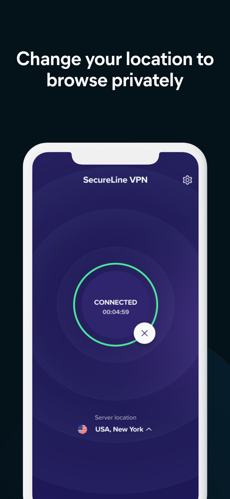 Avast SecureLine VPN interface showing connected status to a USA New York server location