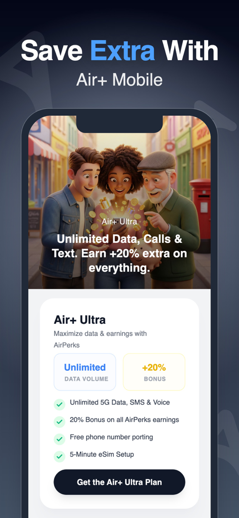 AirPerks: Earn & Save Money - Detalhes do plano de celular AirPerks Air plus Ultra, oferecendo dados 5G ilimitados e um bônus de ganhos de 20 por cento.