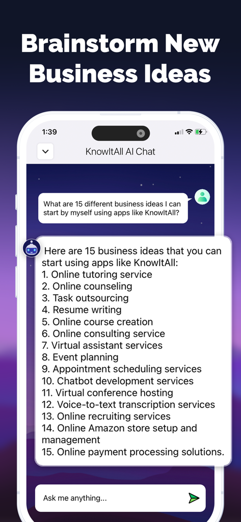 KnowIt AI chatbot providing a list of fifteen business ideas for solopreneurs.