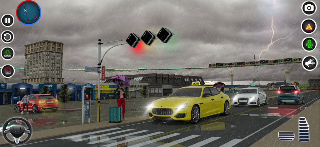Taxi Simulator City Taxi Games - A yellow taxi driving through a rainy city street at night with lightning in the background and a passenger waiting on the sidewalk.