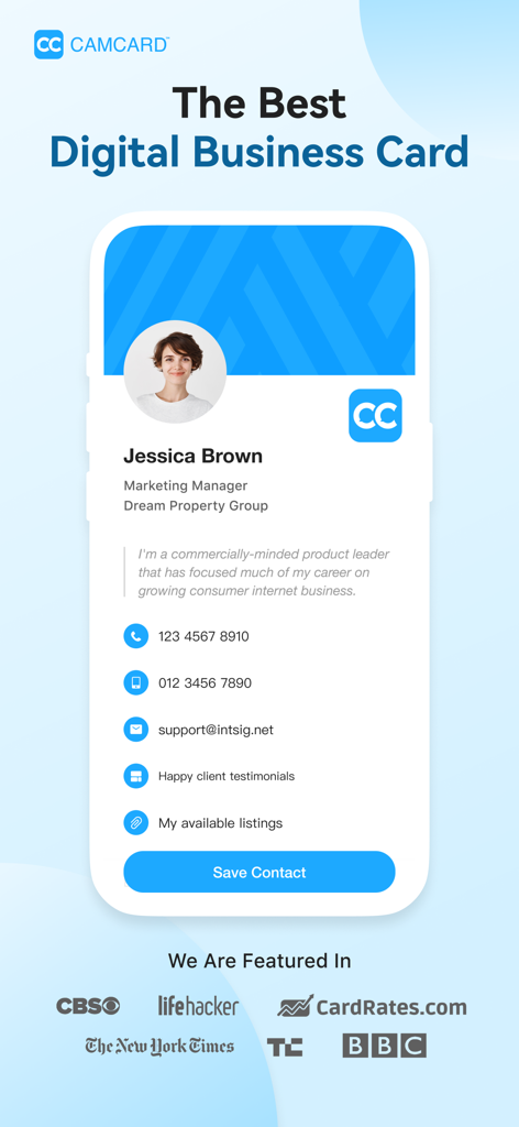 A digital business card profile of a marketing manager shown on a mobile screen featuring contact information and media endorsements