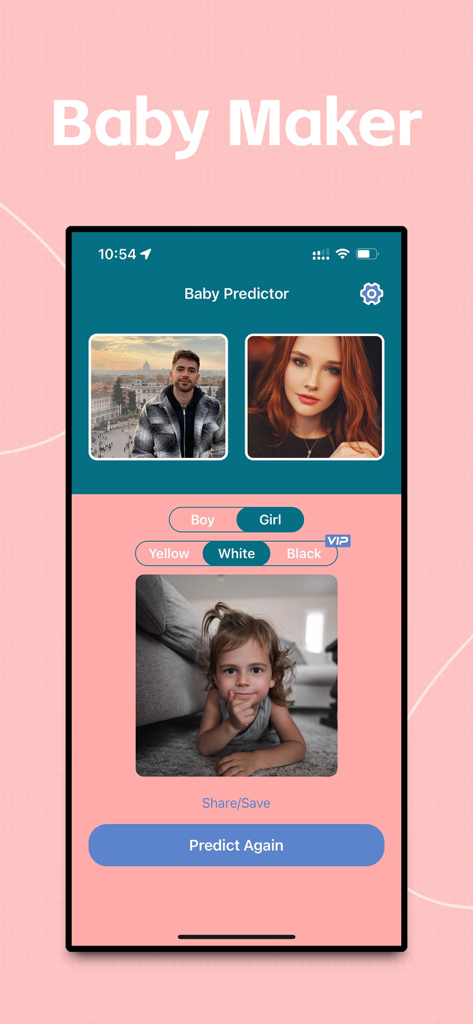 Baby Predictor - Merge faces - Interface of Baby Predictor app showing a face merge result of a future baby