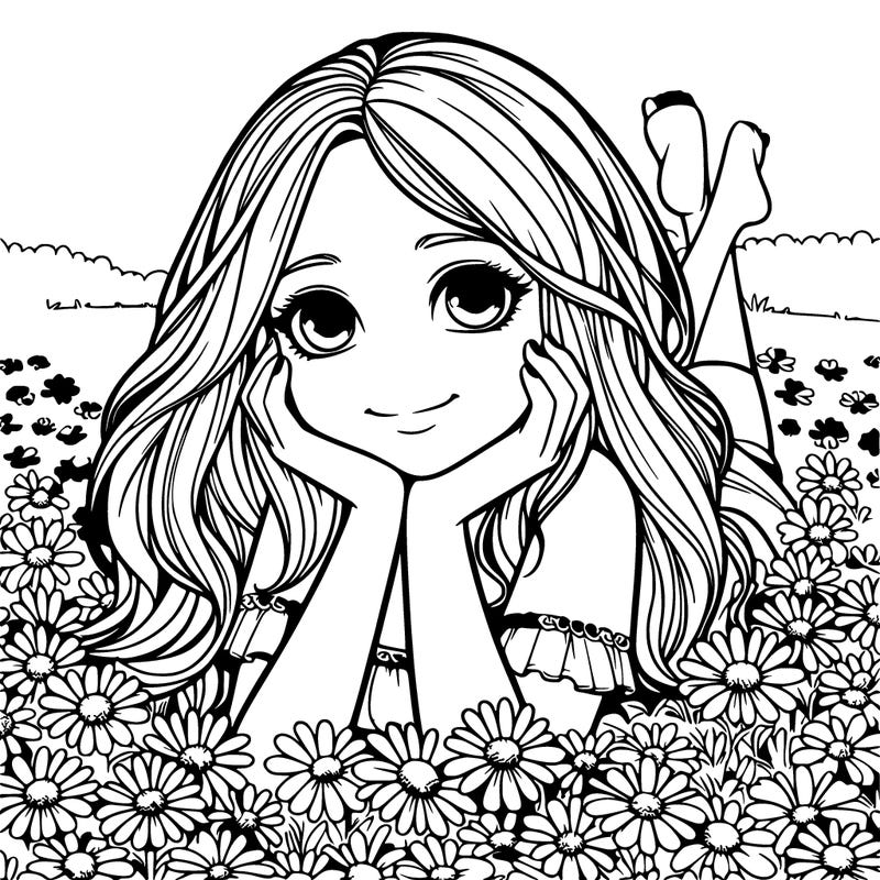 a realistic girl laying in a flower field