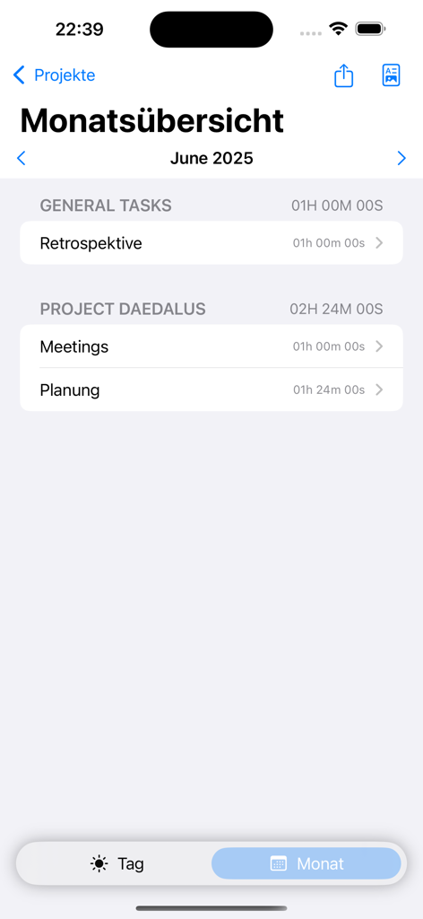 Project Tracker - Ein Screenshot der Project Tracker App, der eine monatliche Zusammenfassung der erfassten Zeit für allgemeine Aufgaben und spezifische Projektarbeitspakete zeigt.
