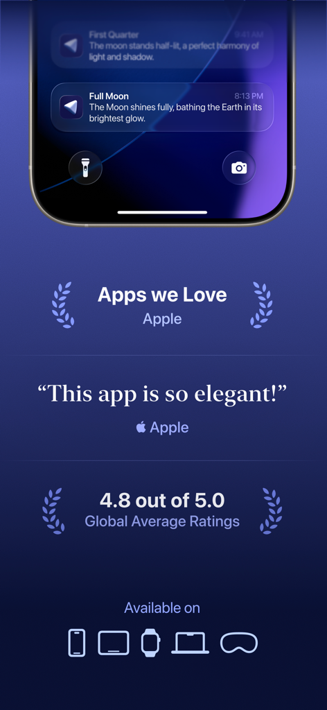 Moonlitt: Moon Phase Tracker - Moonlitt app accolades including Apple Apps we Love and 4.8 star rating across all Apple platforms