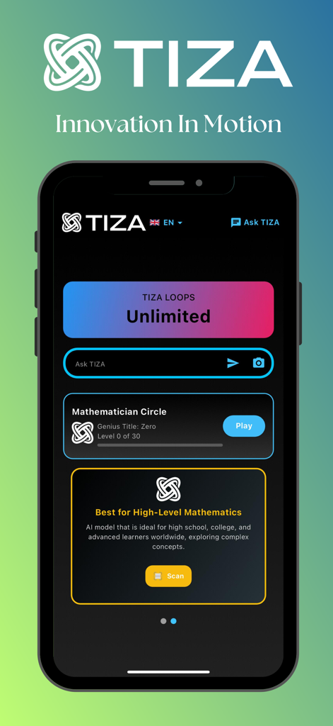 TIZA app home screen showing AI math tools and the Mathematician Circle challenge interface.