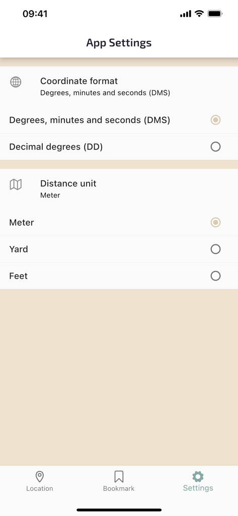 Find My GPS Coordinates - 좌표 형식 및 거리 단위 옵션을 보여주는 내 GPS 좌표 찾기 앱 설정 화면