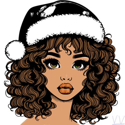 realistic girl with a santa hat curly hair and lips