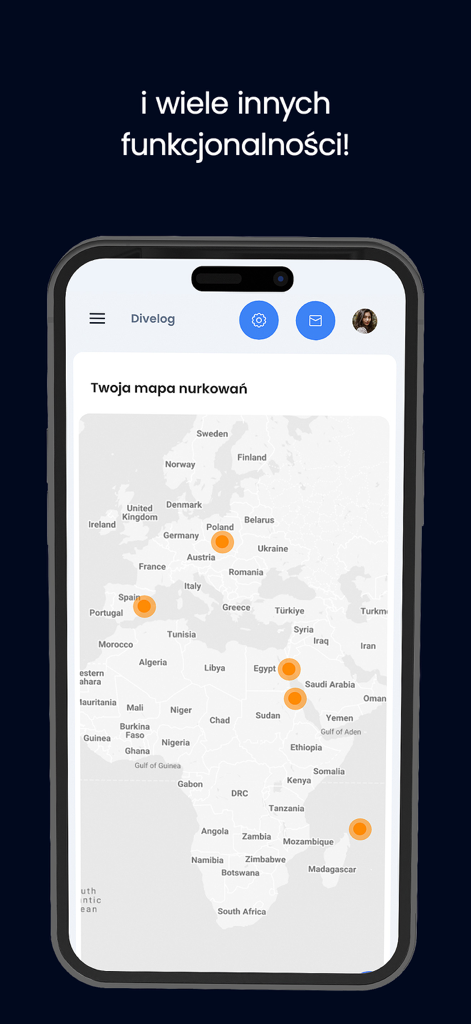 IDF app interface displaying a global dive log map with orange markers for dive locations