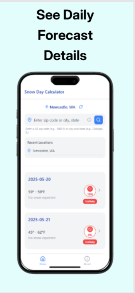 Smartphone screen displaying daily snow day predictions and weather forecasts in the Flurry app