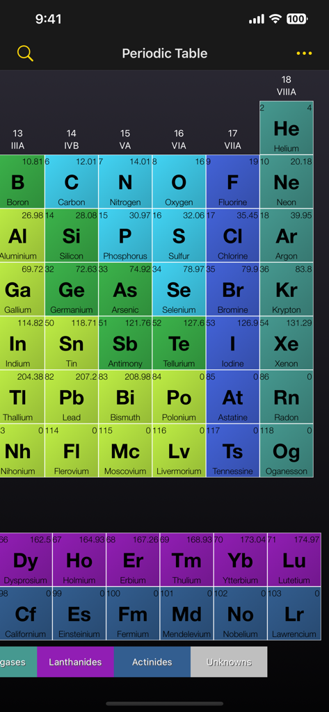 Mobile app interface showing the color-coded grid of the periodic table of elements.
