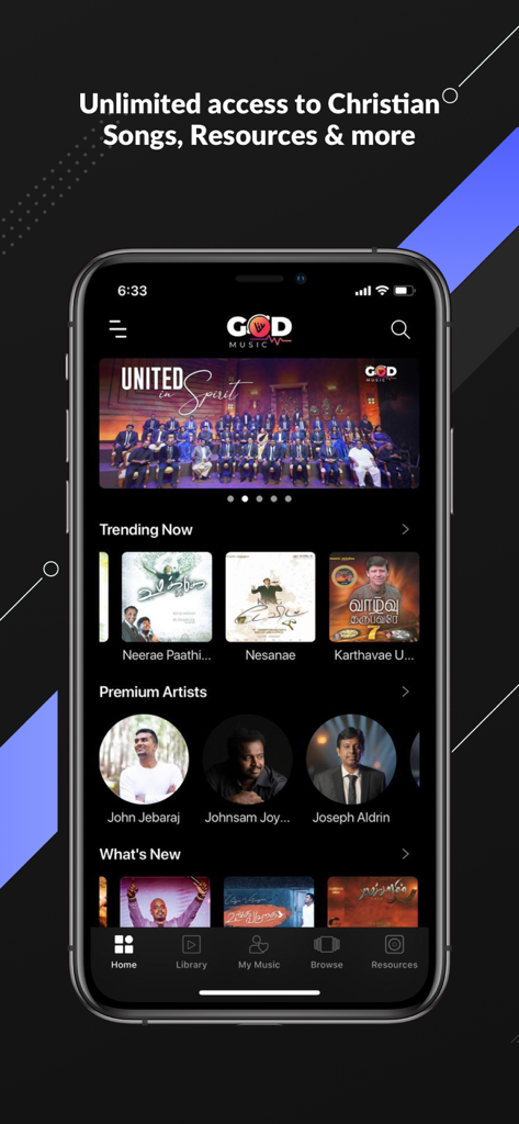 God Music - Home screen of the God Music app showing Christian songs and featured artists