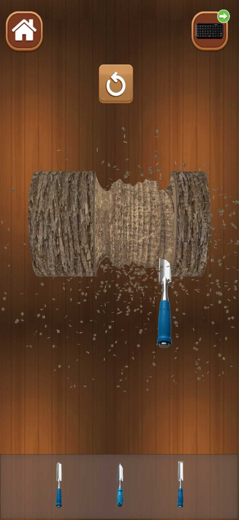 A wood carving simulation mini game where a blue chisel shapes a piece of bark for relaxation