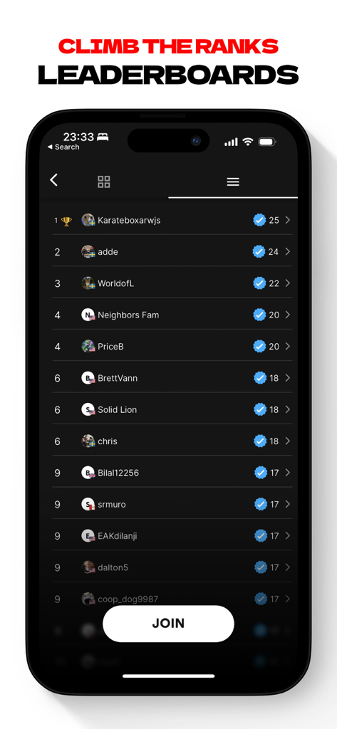 Una pantalla móvil que muestra la tabla de clasificación de la aplicación Boxbollen con una lista de los mejores jugadores y sus puntuaciones.