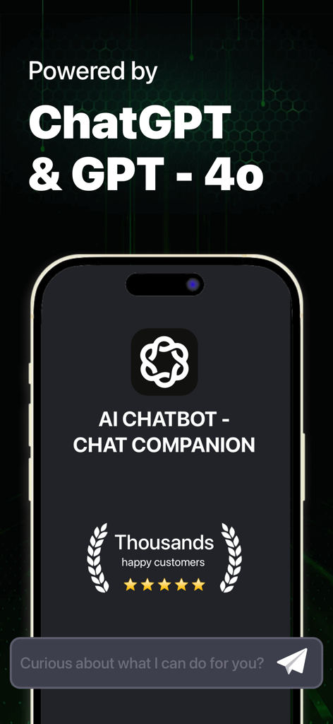AI Chatbot - Chat Companion - Interface de l'application Chatbot IA Compagnon de Discussion propulsée par ChatGPT et GPT-4o montrant une note client de cinq étoiles