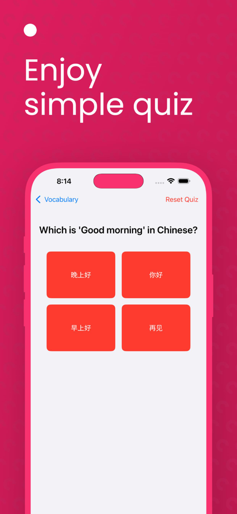Una pantalla de prueba de vocabulario chino que pregunta la traducción al mandarín de Buenos días con cuatro opciones en caracteres.
