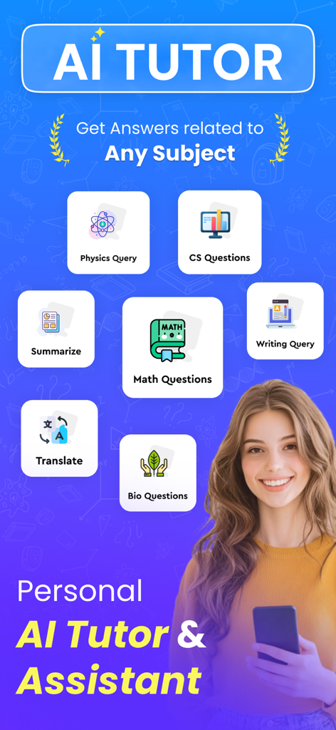 AI Math Solver: Do My Homework - AI 수학 문제 풀이 및 숙제 도우미용 모바일 앱 인터페이스, 다양한 학습 과목 표시