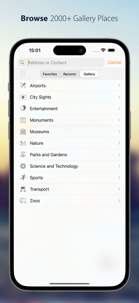 Streets - Street View Browser - Una lista de categorías de la galería en la aplicación Streets que incluye museos, monumentos y parajes naturales.