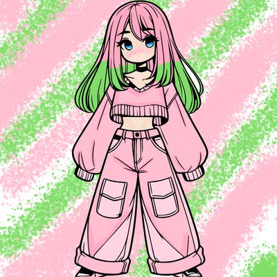 cute girl with straight hair in baggy jeans and a crop top and a sweater