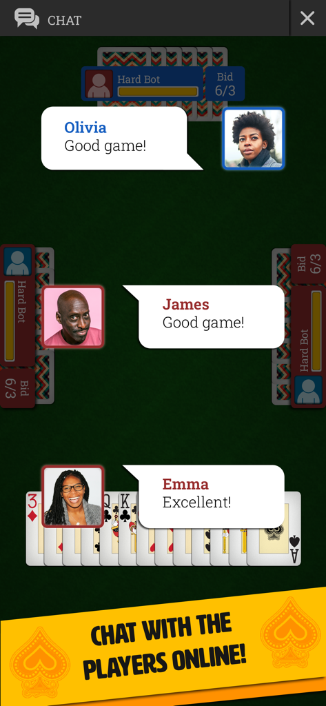Interfaz del juego Spades Trickster mostrando a jugadores en línea usando la función de chat durante una partida de cartas