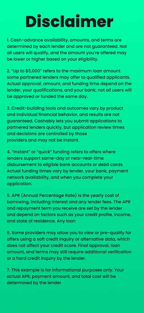 Cashably: Quick Cash Advance - Legal disclaimer screen for Cashably app explaining cash advance terms and APR.
