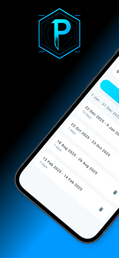 PTO/Time Off Tracker - A smartphone screen showing a list of tracked vacation days and dates in the PTO Tracker app