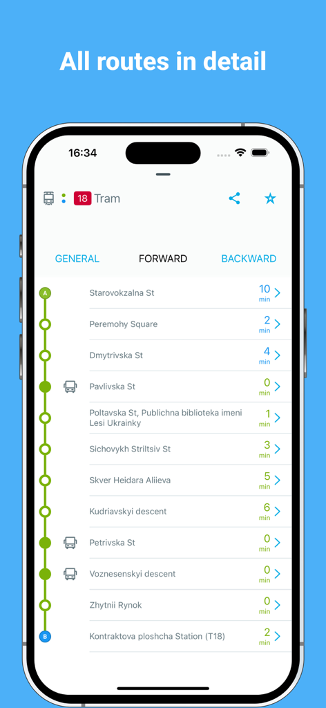 Eway public transport - Smartphone screen showing real-time tram stop schedule and arrival times in the Eway app