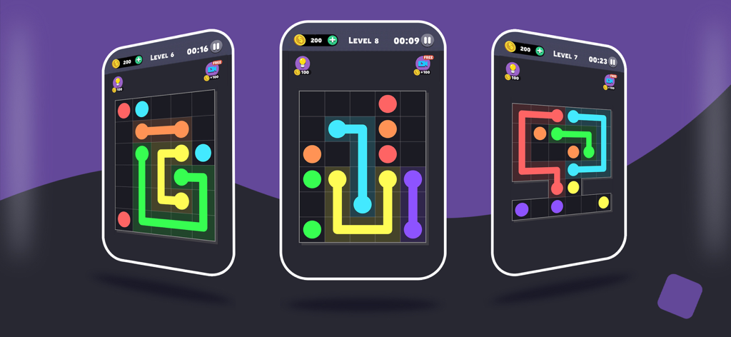 Same Color: Connect The Dots - Three mobile screens displaying different puzzle levels of the Same Color Connect The Dots game with vibrant colored lines