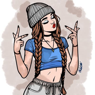 realistic teenage girl with braids and a beanie and crop top doing 🫶🏼
