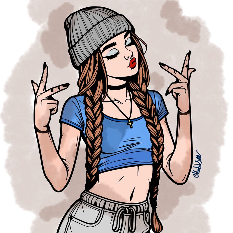 realistic teenage girl with braids and a beanie and crop top doing 🫶🏼
